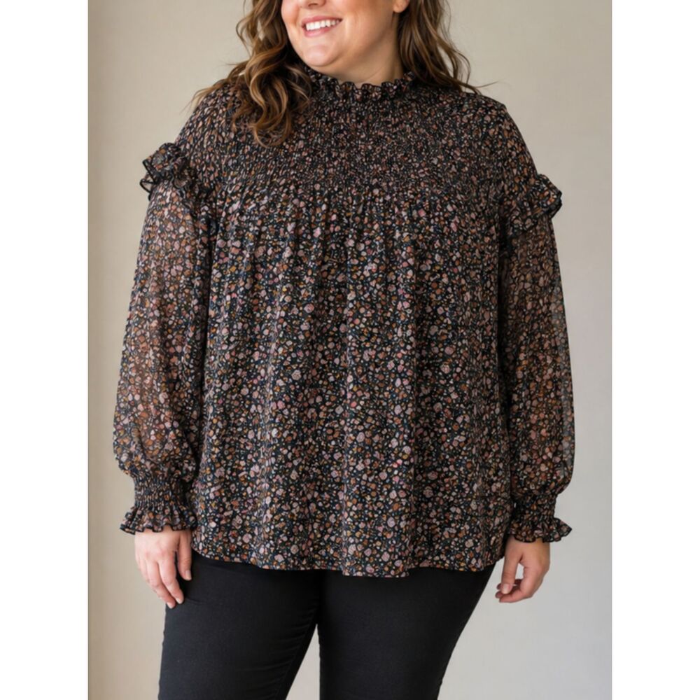 Ophelia Roe 2X Black Floral Smocked Ruffle Neck Long Sleeve Boho Blouse Top Plus
